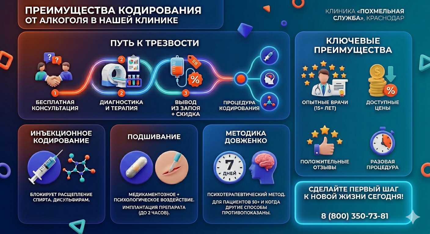 Инфографика о методах кодирования от алкоголя в Зуевке: инъекции, подшивание, метод Довженко. Преимущества клиники и этапы лечения.