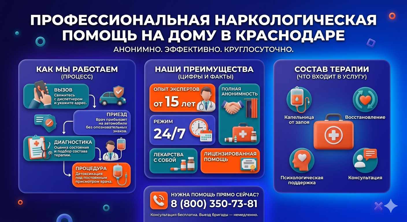 Инфографика о принципах лечения алкоголизма на дому в Зуевке: этапы вызова нарколога, преимущества анонимной детоксикации и состав медицинской помощи.